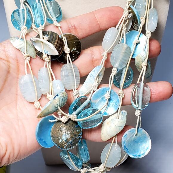 Blue Glass Bead Shell Multi Strand Necklace Extra Long 32" Beachy - Picture 7 of 7